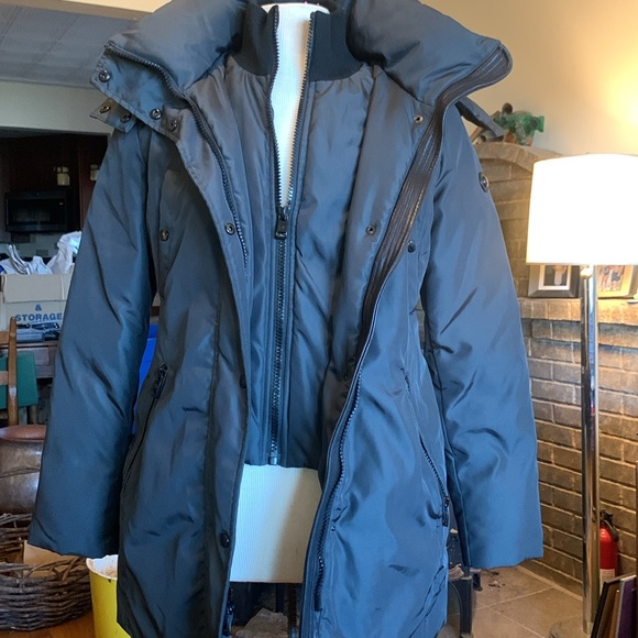 ANDREW MARC BLACK LAYERED PUFFER DOWN STORM WINTER COAT LEATHER TRIM - Picture 5 of 16